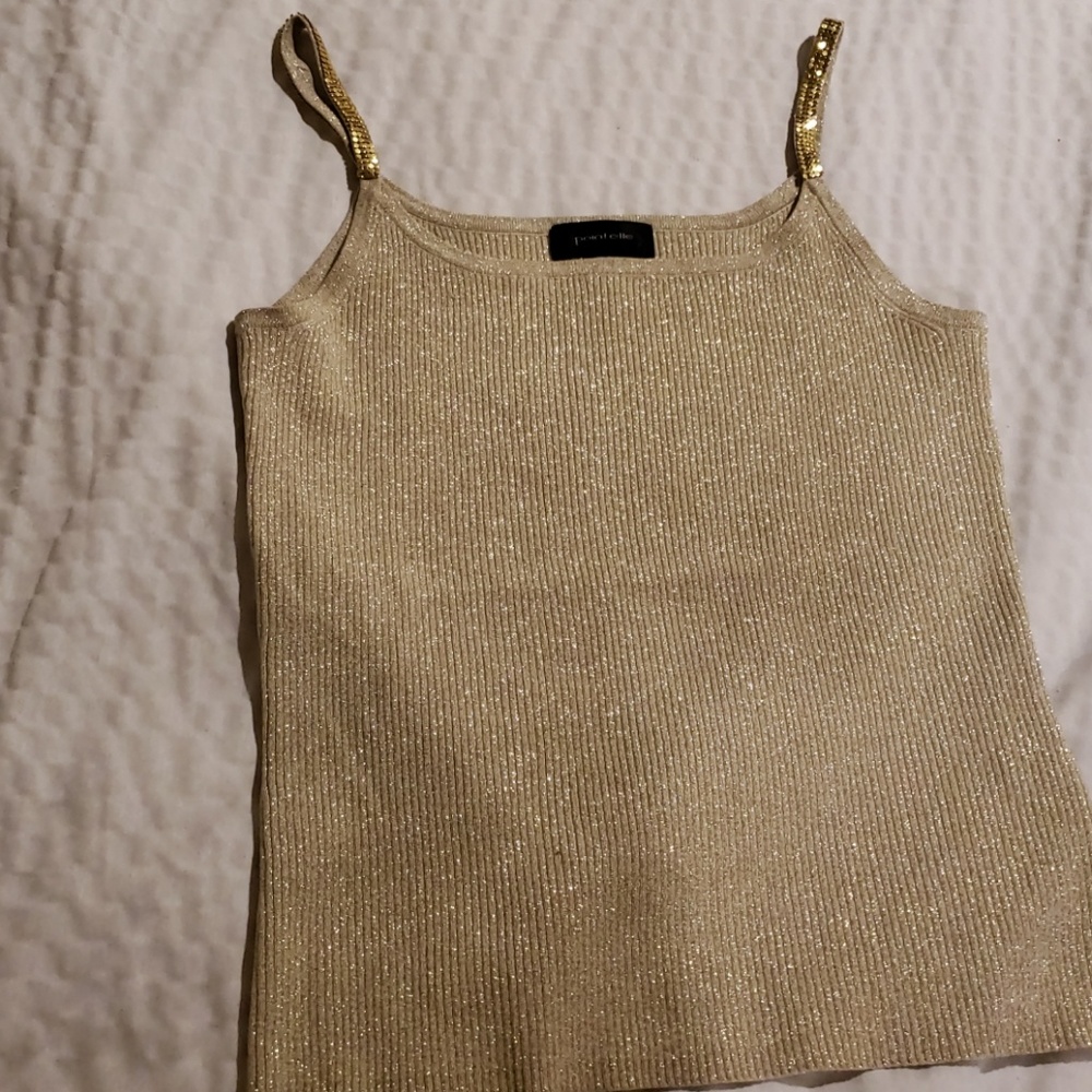 Sparkly silk top with gold color metal detailing M